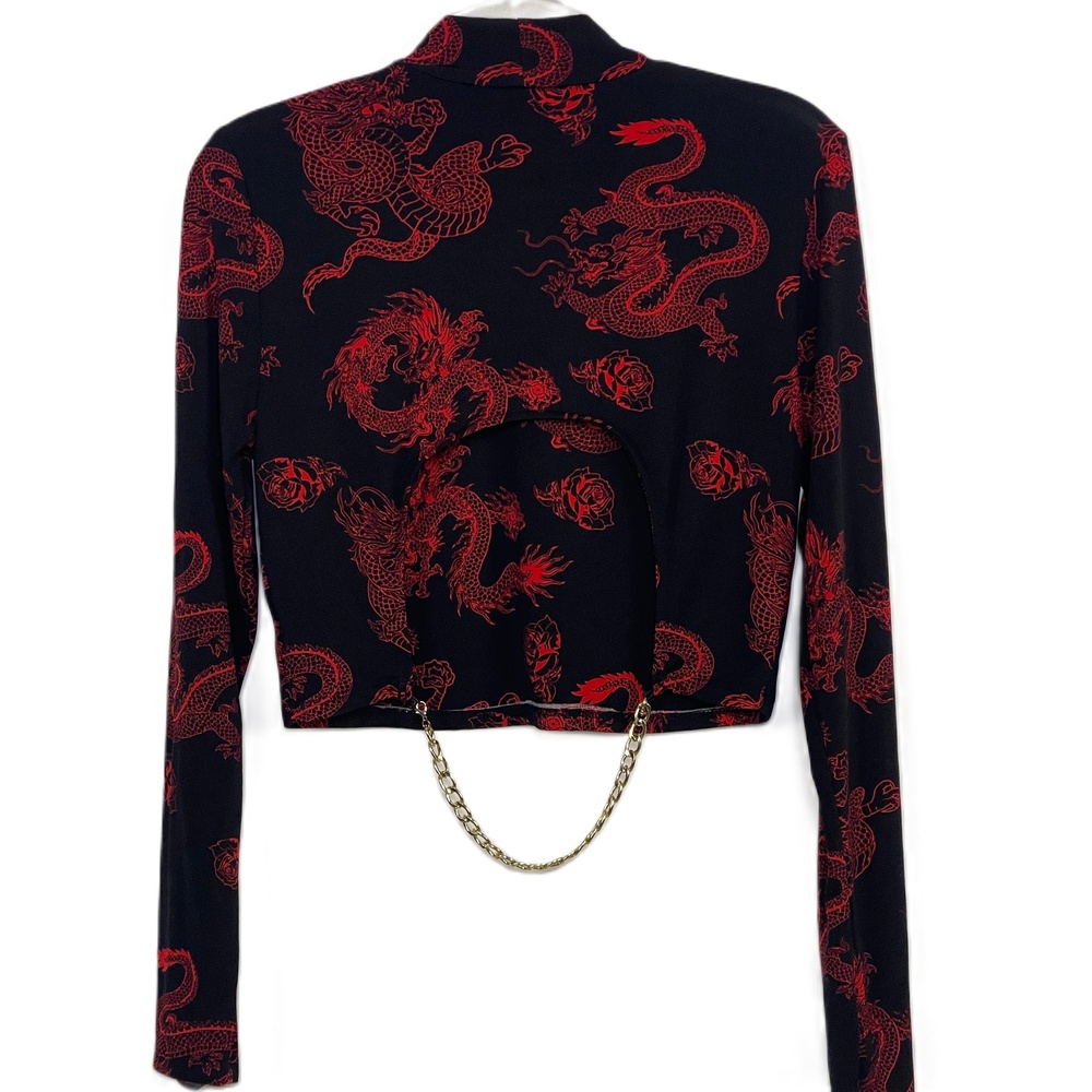 Faded Rose Black and Red Dragon Long Sleeve Crop Top with Back Chain Large - Picture 3 of 6